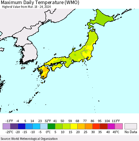 Japan Maximum Daily Temperature (WMO) Thematic Map For 3/18/2024 - 3/24/2024