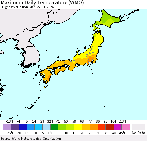 Japan Maximum Daily Temperature (WMO) Thematic Map For 3/25/2024 - 3/31/2024