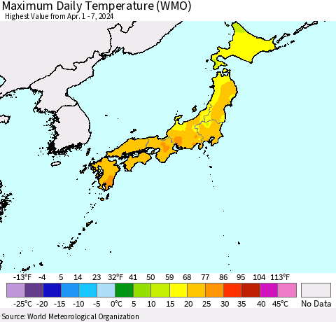 Japan Maximum Daily Temperature (WMO) Thematic Map For 4/1/2024 - 4/7/2024