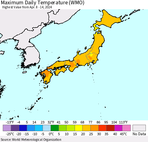 Japan Maximum Daily Temperature (WMO) Thematic Map For 4/8/2024 - 4/14/2024