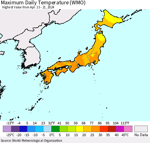 Japan Maximum Daily Temperature (WMO) Thematic Map For 4/15/2024 - 4/21/2024