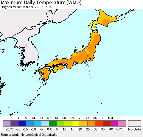 Japan Maximum Daily Temperature (WMO) Thematic Map For 4/22/2024 - 4/28/2024