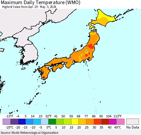 Japan Maximum Daily Temperature (WMO) Thematic Map For 4/29/2024 - 5/5/2024