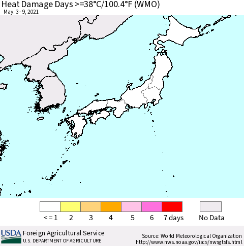 Japan Heat Damage Days >=38°C/100°F (WMO) Thematic Map For 5/3/2021 - 5/9/2021