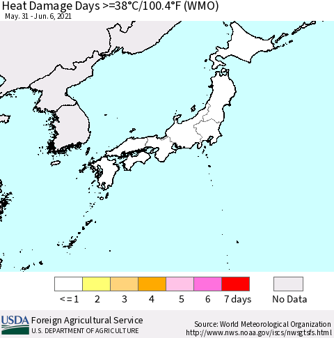 Japan Heat Damage Days >=38°C/100°F (WMO) Thematic Map For 5/31/2021 - 6/6/2021