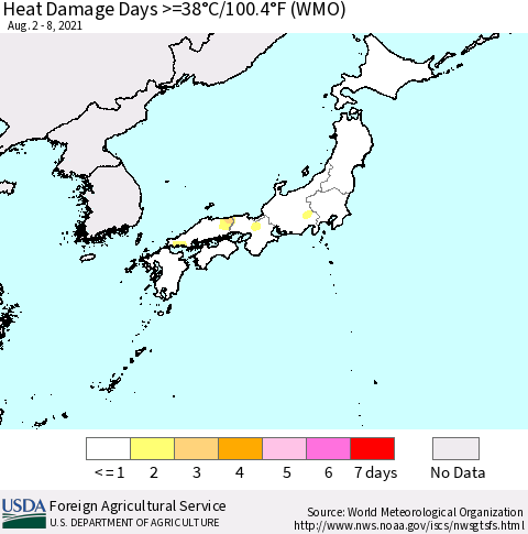 Japan Heat Damage Days >=38°C/100°F (WMO) Thematic Map For 8/2/2021 - 8/8/2021