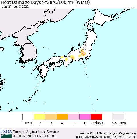 Japan Heat Damage Days >=38°C/100°F (WMO) Thematic Map For 6/27/2022 - 7/3/2022
