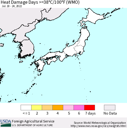 Japan Heat Damage Days >=38°C/100°F (WMO) Thematic Map For 7/18/2022 - 7/24/2022