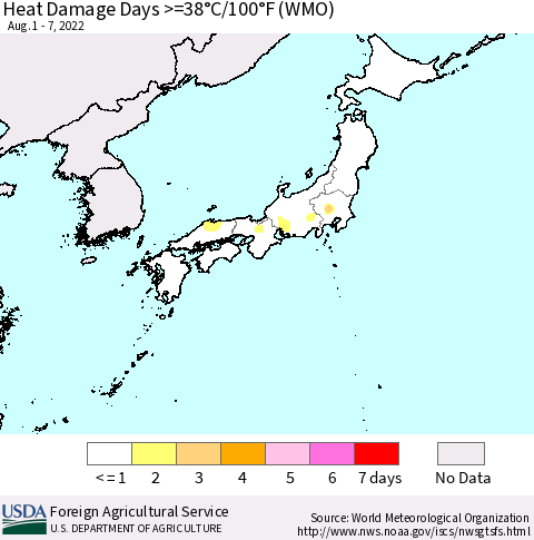 Japan Heat Damage Days >=38°C/100°F (WMO) Thematic Map For 8/1/2022 - 8/7/2022