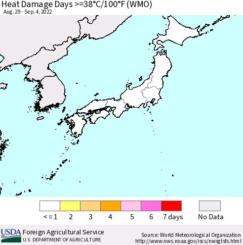 Japan Heat Damage Days >=38°C/100°F (WMO) Thematic Map For 8/29/2022 - 9/4/2022