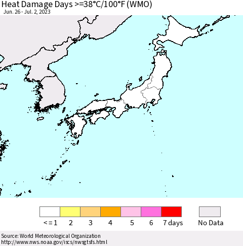 Japan Heat Damage Days >=38°C/100°F (WMO) Thematic Map For 6/26/2023 - 7/2/2023