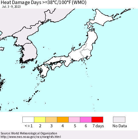 Japan Heat Damage Days >=38°C/100°F (WMO) Thematic Map For 7/3/2023 - 7/9/2023