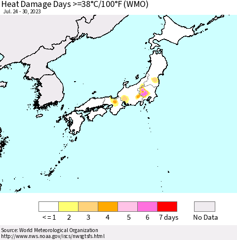 Japan Heat Damage Days >=38°C/100°F (WMO) Thematic Map For 7/24/2023 - 7/30/2023