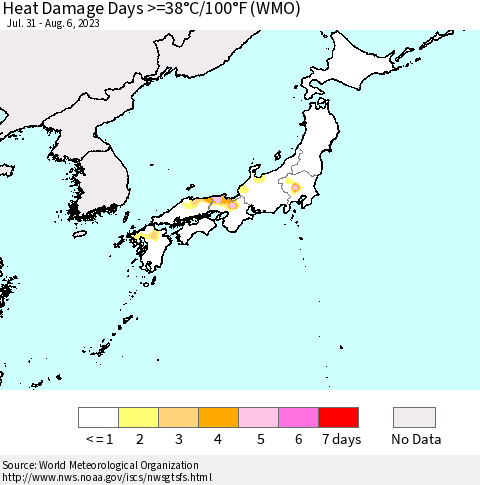 Japan Heat Damage Days >=38°C/100°F (WMO) Thematic Map For 7/31/2023 - 8/6/2023