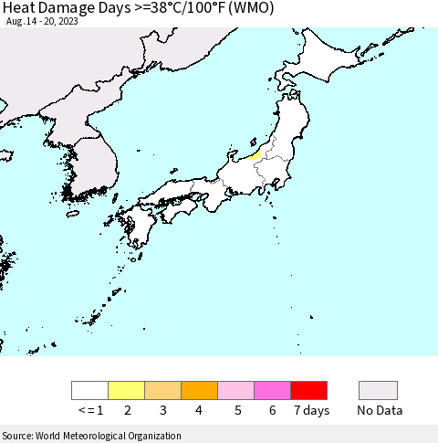 Japan Heat Damage Days >=38°C/100°F (WMO) Thematic Map For 8/14/2023 - 8/20/2023