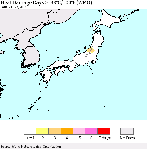 Japan Heat Damage Days >=38°C/100°F (WMO) Thematic Map For 8/21/2023 - 8/27/2023