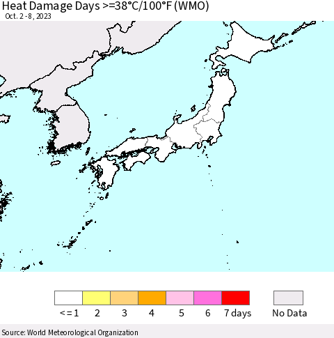 Japan Heat Damage Days >=38°C/100°F (WMO) Thematic Map For 10/2/2023 - 10/8/2023