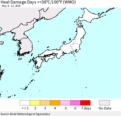 Japan Heat Damage Days >=38°C/100°F (WMO) Thematic Map For 5/6/2024 - 5/12/2024