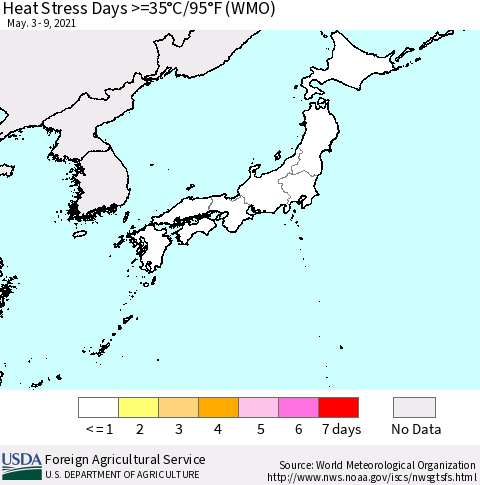 Japan Heat Stress Days >=35°C/95°F (WMO) Thematic Map For 5/3/2021 - 5/9/2021