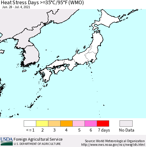 Japan Heat Stress Days >=35°C/95°F (WMO) Thematic Map For 6/28/2021 - 7/4/2021