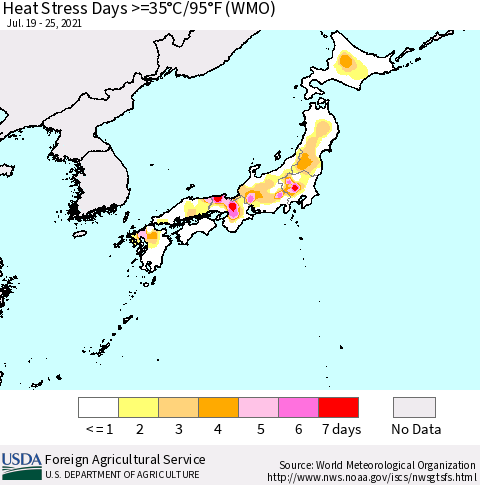 Japan Heat Stress Days >=35°C/95°F (WMO) Thematic Map For 7/19/2021 - 7/25/2021