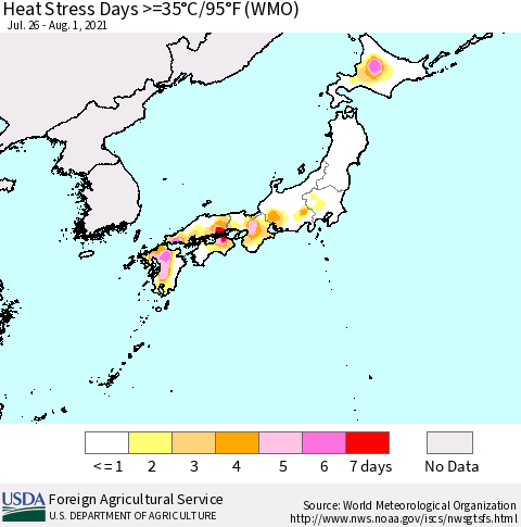 Japan Heat Stress Days >=35°C/95°F (WMO) Thematic Map For 7/26/2021 - 8/1/2021