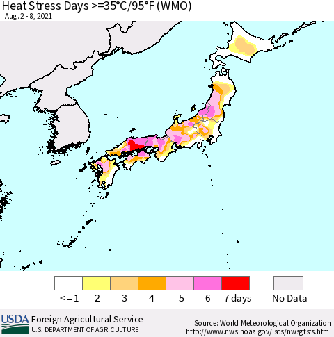 Japan Heat Stress Days >=35°C/95°F (WMO) Thematic Map For 8/2/2021 - 8/8/2021