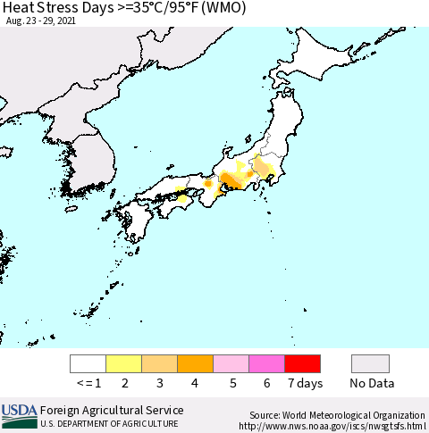 Japan Heat Stress Days >=35°C/95°F (WMO) Thematic Map For 8/23/2021 - 8/29/2021