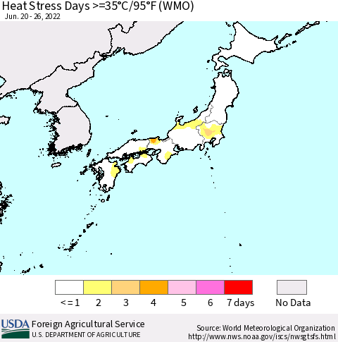 Japan Heat Stress Days >=35°C/95°F (WMO) Thematic Map For 6/20/2022 - 6/26/2022