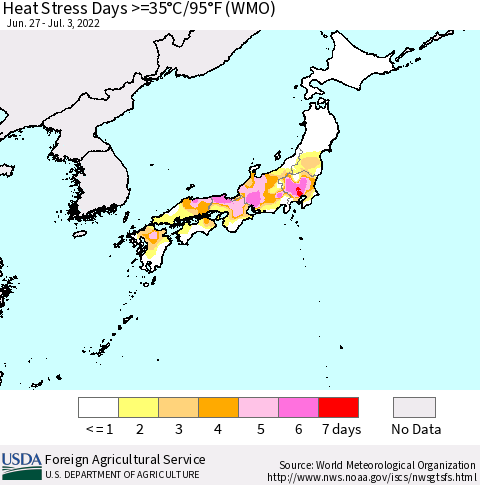 Japan Heat Stress Days >=35°C/95°F (WMO) Thematic Map For 6/27/2022 - 7/3/2022