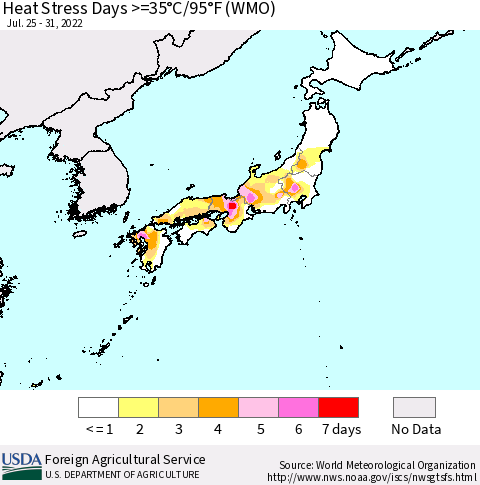 Japan Heat Stress Days >=35°C/95°F (WMO) Thematic Map For 7/25/2022 - 7/31/2022