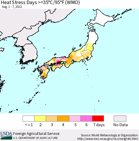 Japan Heat Stress Days >=35°C/95°F (WMO) Thematic Map For 8/1/2022 - 8/7/2022