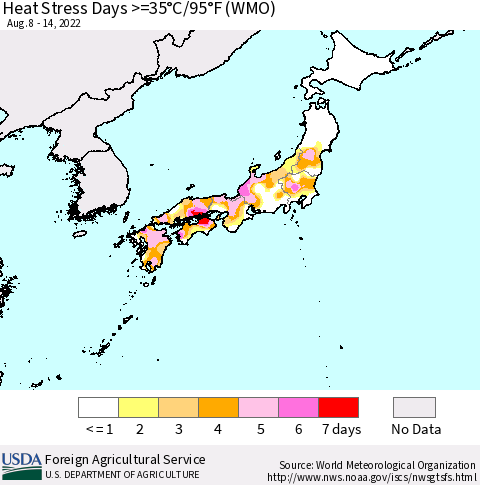 Japan Heat Stress Days >=35°C/95°F (WMO) Thematic Map For 8/8/2022 - 8/14/2022