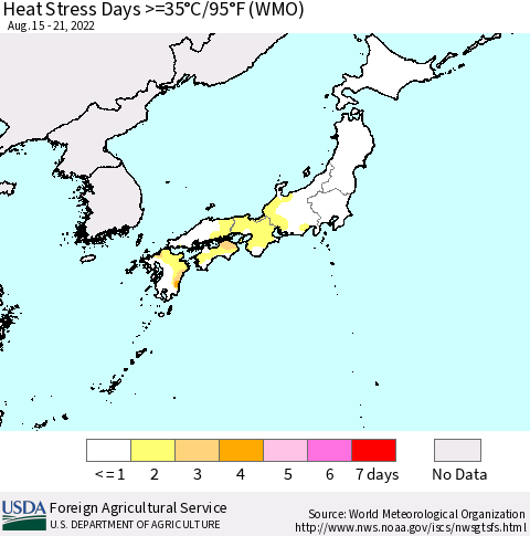 Japan Heat Stress Days >=35°C/95°F (WMO) Thematic Map For 8/15/2022 - 8/21/2022