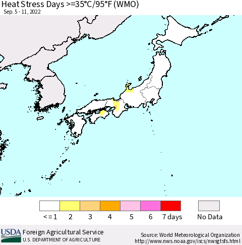 Japan Heat Stress Days >=35°C/95°F (WMO) Thematic Map For 9/5/2022 - 9/11/2022