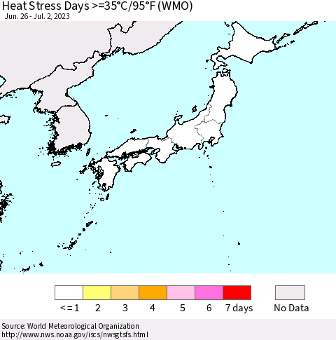Japan Heat Stress Days >=35°C/95°F (WMO) Thematic Map For 6/26/2023 - 7/2/2023