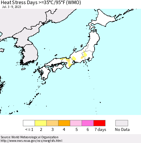 Japan Heat Stress Days >=35°C/95°F (WMO) Thematic Map For 7/3/2023 - 7/9/2023