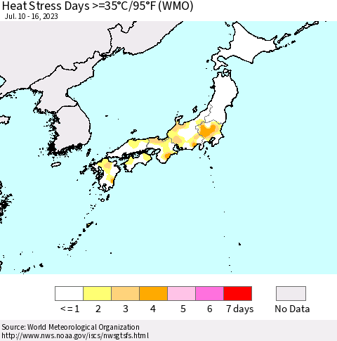 Japan Heat Stress Days >=35°C/95°F (WMO) Thematic Map For 7/10/2023 - 7/16/2023