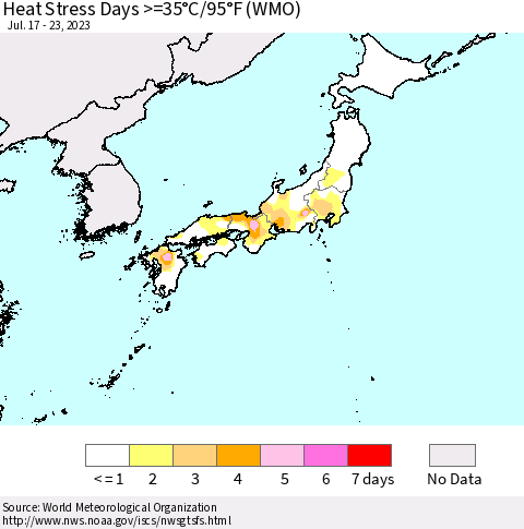 Japan Heat Stress Days >=35°C/95°F (WMO) Thematic Map For 7/17/2023 - 7/23/2023
