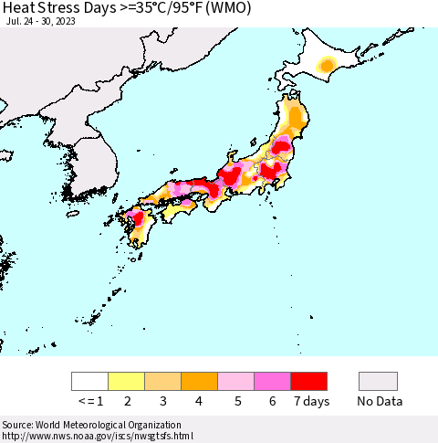 Japan Heat Stress Days >=35°C/95°F (WMO) Thematic Map For 7/24/2023 - 7/30/2023