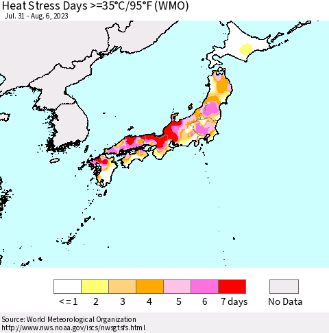 Japan Heat Stress Days >=35°C/95°F (WMO) Thematic Map For 7/31/2023 - 8/6/2023