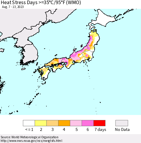 Japan Heat Stress Days >=35°C/95°F (WMO) Thematic Map For 8/7/2023 - 8/13/2023