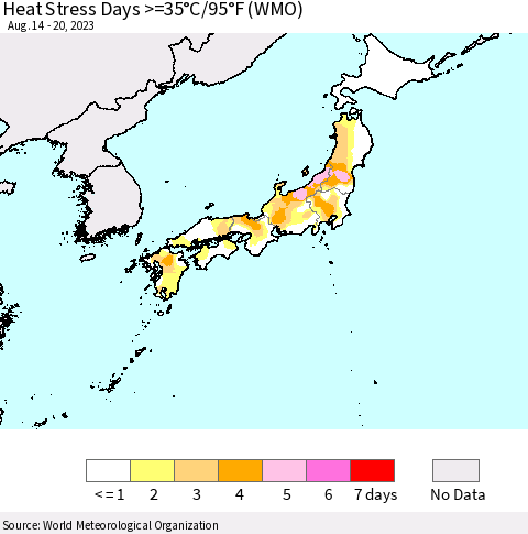 Japan Heat Stress Days >=35°C/95°F (WMO) Thematic Map For 8/14/2023 - 8/20/2023