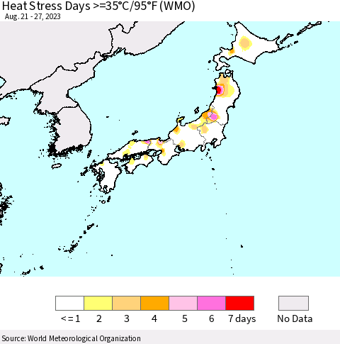 Japan Heat Stress Days >=35°C/95°F (WMO) Thematic Map For 8/21/2023 - 8/27/2023