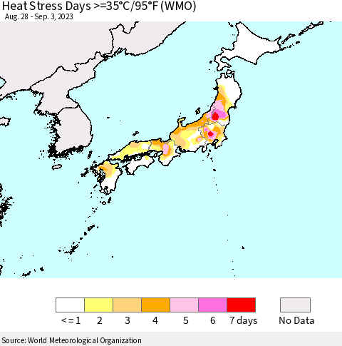 Japan Heat Stress Days >=35°C/95°F (WMO) Thematic Map For 8/28/2023 - 9/3/2023