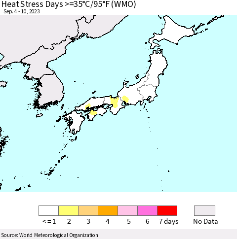 Japan Heat Stress Days >=35°C/95°F (WMO) Thematic Map For 9/4/2023 - 9/10/2023