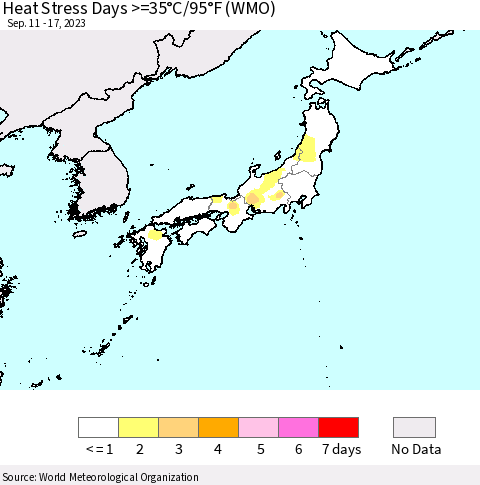 Japan Heat Stress Days >=35°C/95°F (WMO) Thematic Map For 9/11/2023 - 9/17/2023