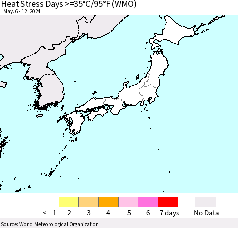 Japan Heat Stress Days >=35°C/95°F (WMO) Thematic Map For 5/6/2024 - 5/12/2024