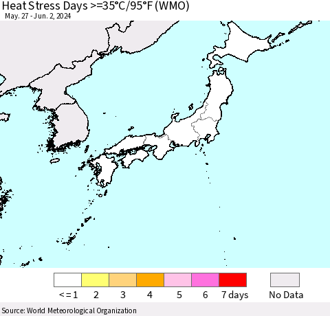 Japan Heat Stress Days >=35°C/95°F (WMO) Thematic Map For 5/27/2024 - 6/2/2024