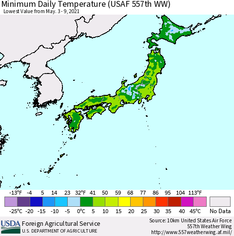 Japan Minimum Daily Temperature (USAF 557th WW) Thematic Map For 5/3/2021 - 5/9/2021